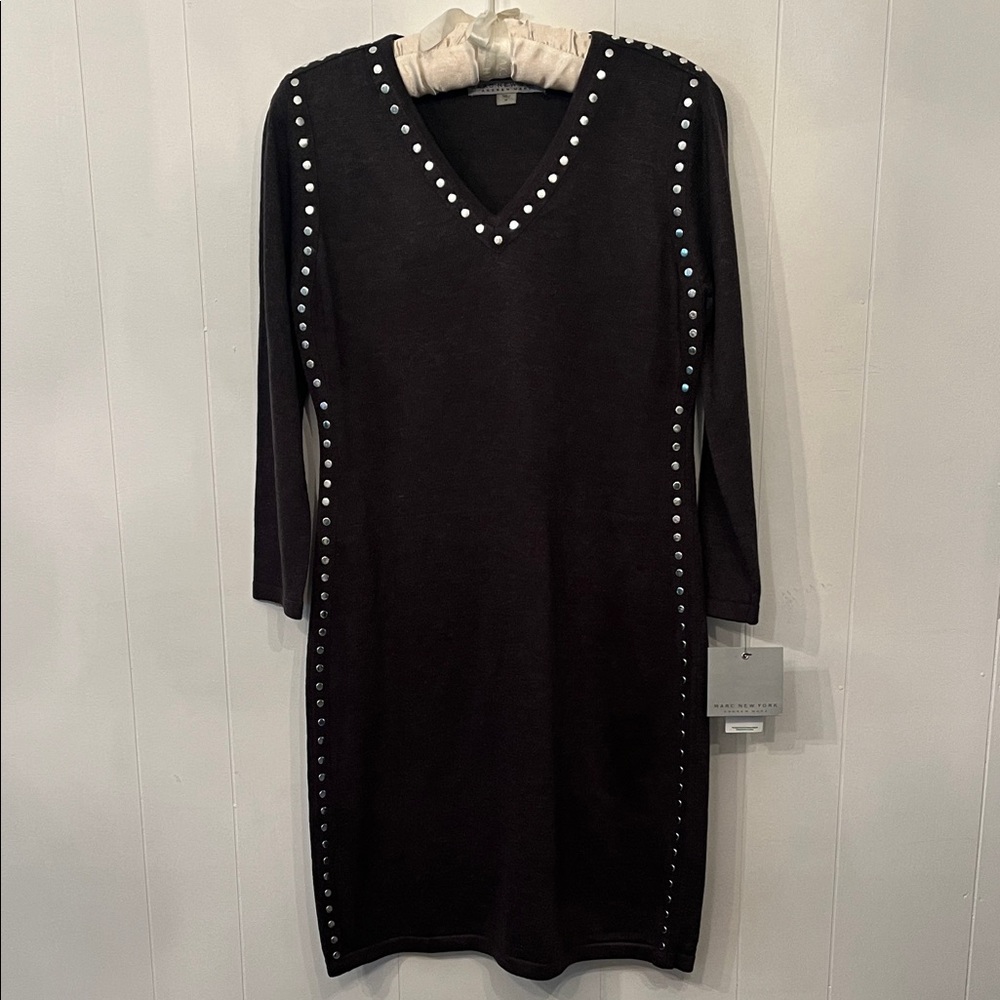 Marc New York Black V-Neck Long Sleeve Studded Dress